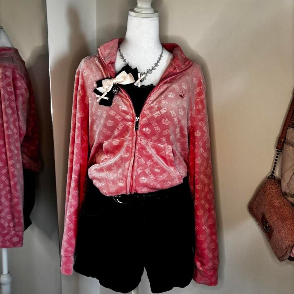 Juicy by Juicy Couture Pink Velour Monogram Zip Hoodie | Size L | Y2K